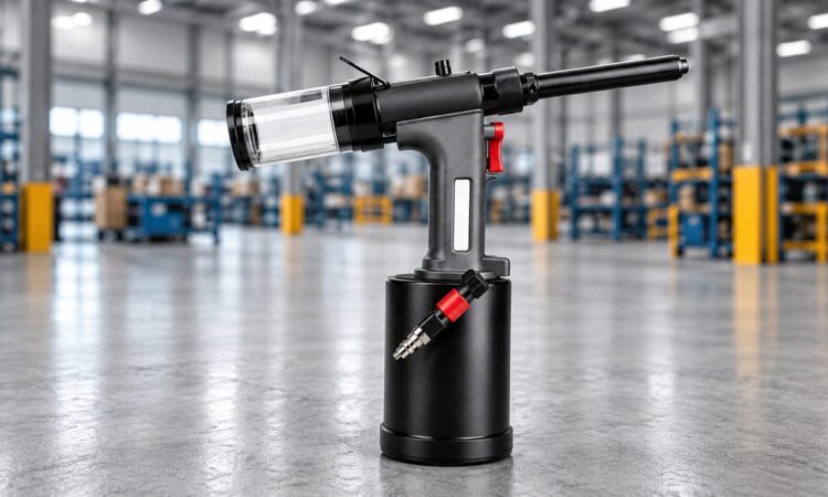 Rebitador pneumático em destaque no galpão industrial